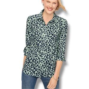 TALBOTS CLASSIC COTTON SHIRT - GRAPHIC CHEETAH Willow Green/Navy Plus 1X